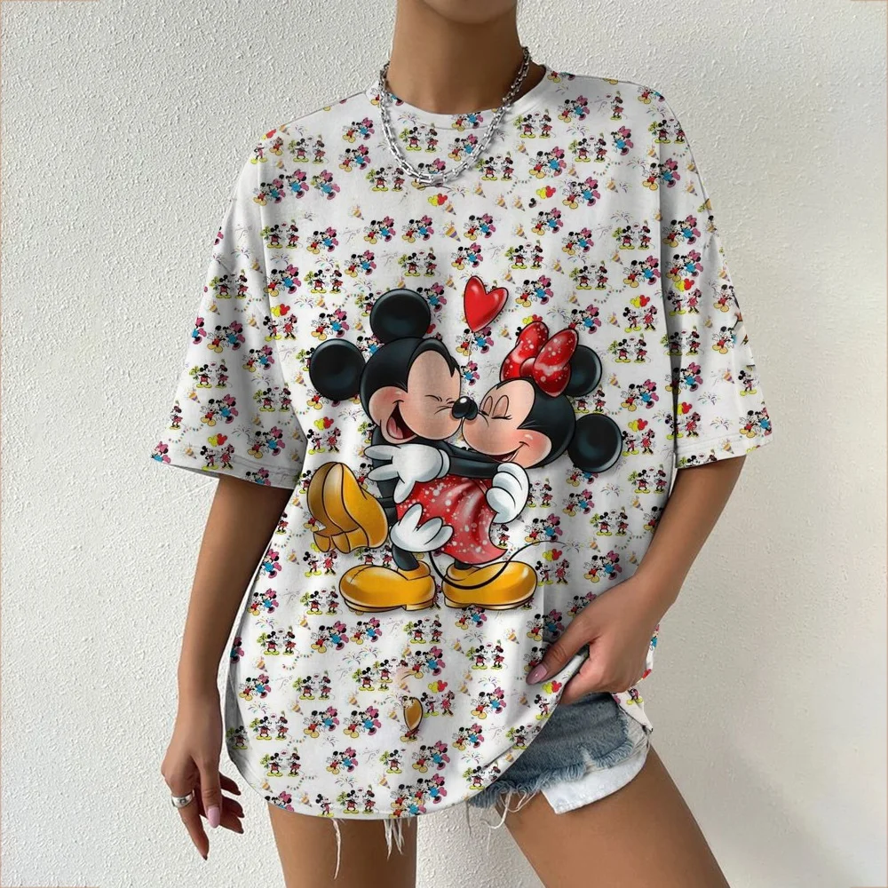 

Футболка с тематикой Микки и Минни из серии Disney, милая крутая уличная летняя футболка большого размера для женщин, взрослых и детей