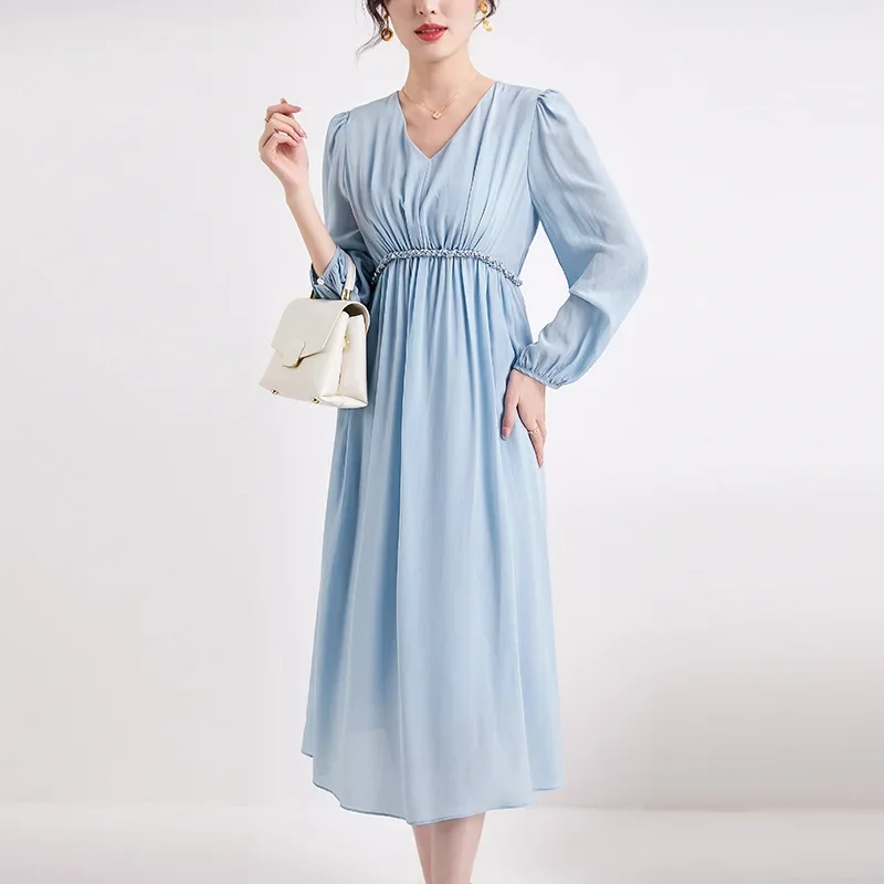 Elegant Pure Silk Dress for Women, V-Neck, Puff Sleeve, Elastic Braided Rope, Waist Bodycon Dress, Solid Mulberry Silk Dresses