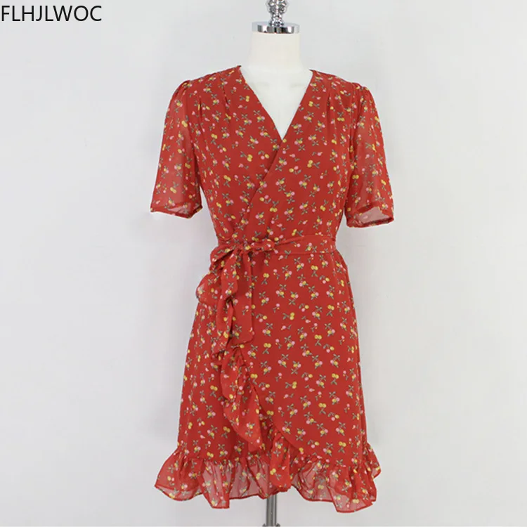 V Neck Dresses Women Japan Korean Design Short Sleeve Cute Sweet Girls Slim Waist Belt Bow Tie Floral Printed Chiffon Dress