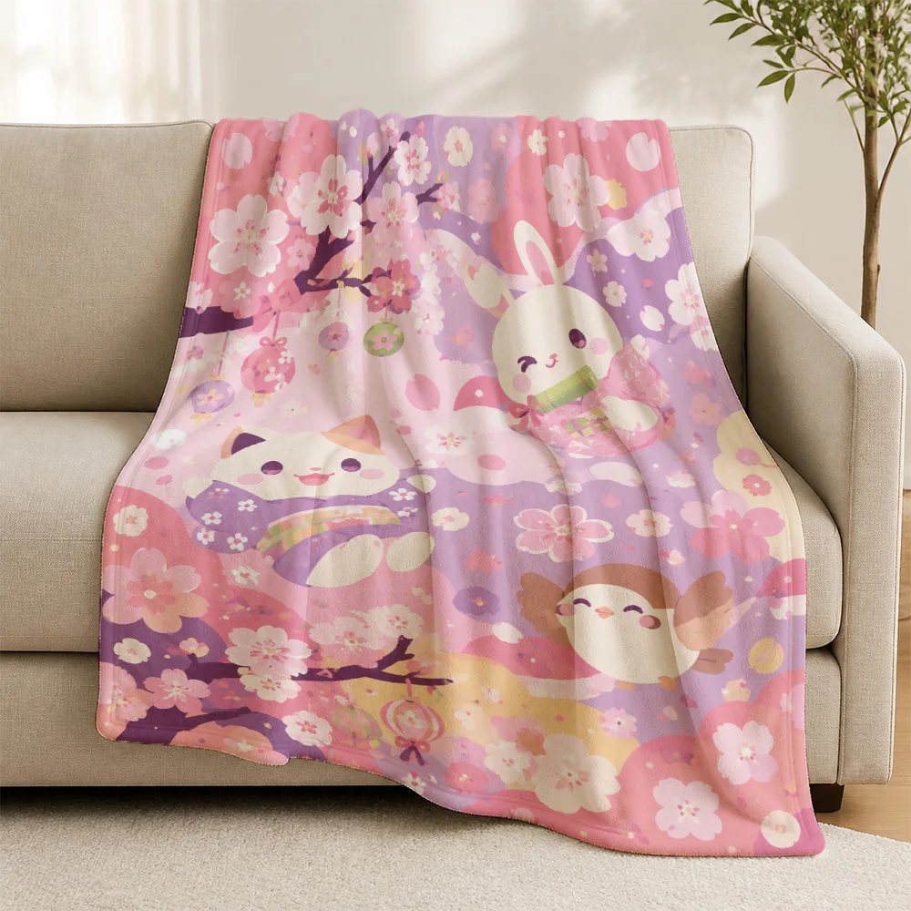 Ultra Soft Kawaii Floral Throw Blanket for Sofa Couch Cozy Cat Bunny Plush Print Home Decor Fleece Plush Gift