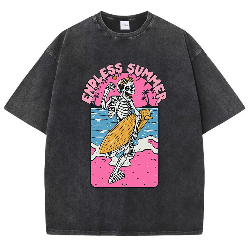 

Fashion Women Cotton Washed T-Shirt Endless Summer Skull Surfing Printing Short Sleeve Casual Loose Tee Shirt Vintage Clothes