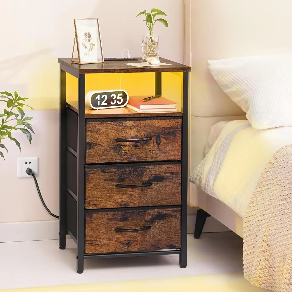 

Bedside table, bedside table with charging station and 3 fabric storage drawers and shelves with USB port and socket