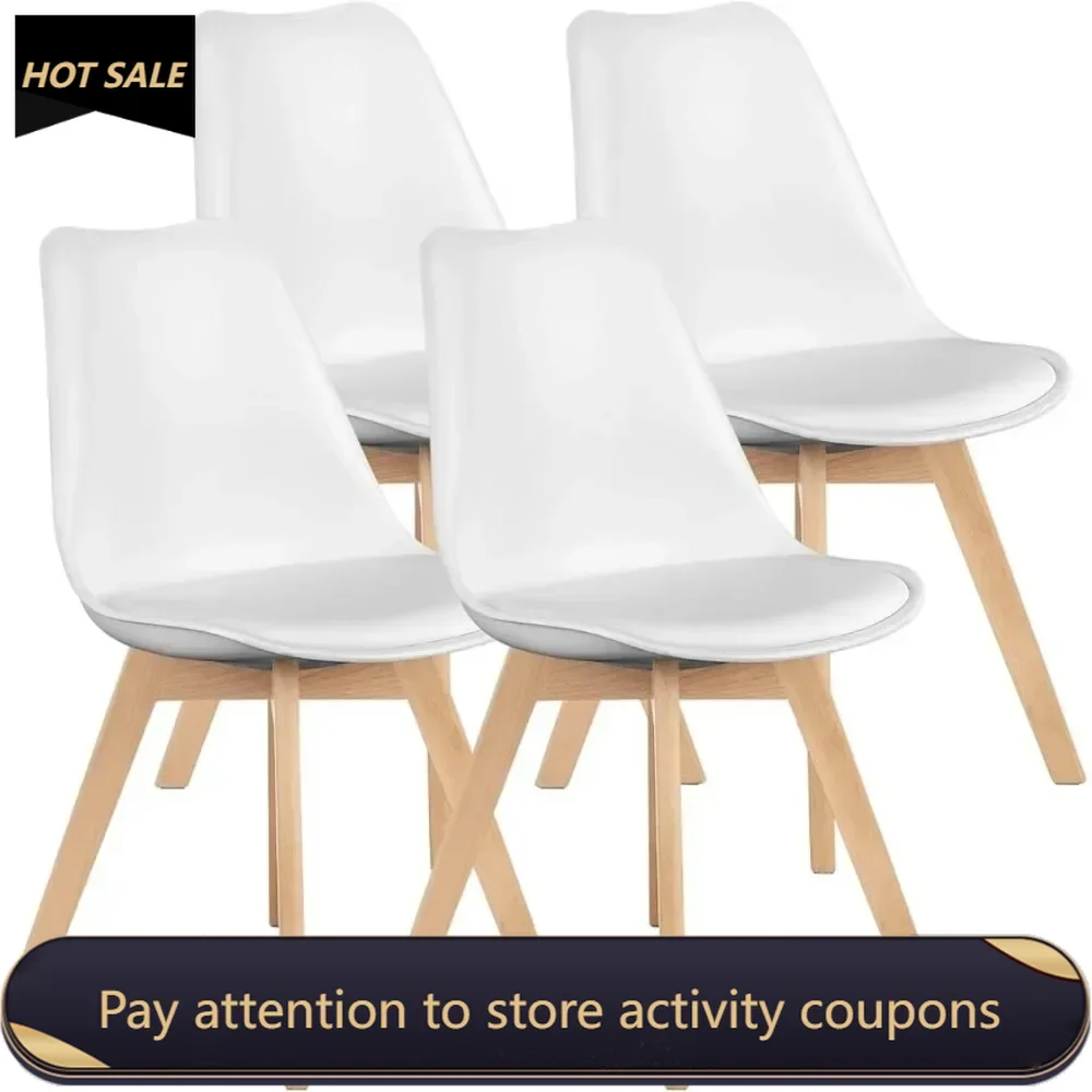 

Mid-Century Modern Dining Chairs With Wood Legs and PU Leather Cushion Wooden Chair Dining Chairs Set of 4 White Freight Free