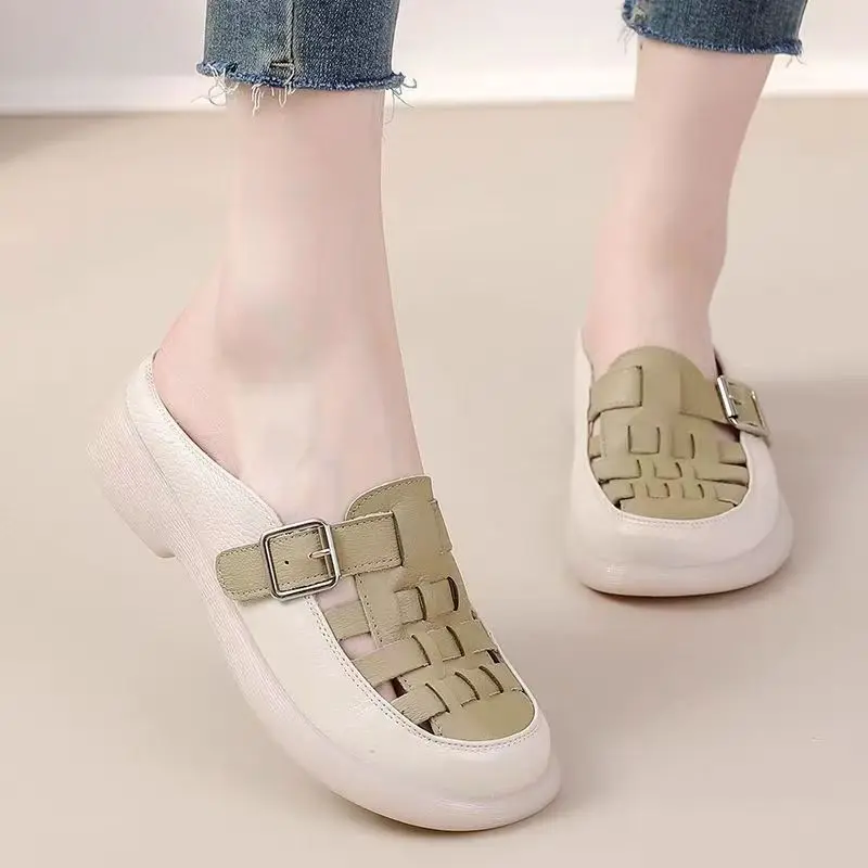 

Women's Summer Leather Woven Hollow Out Baotou Slippers Soft Sole Non Slip Low Heel Breather Outdoor Half Slippers Sandals