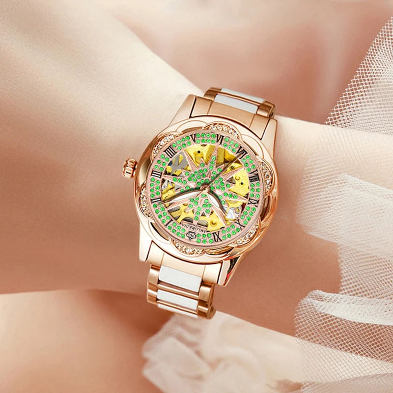 Luxury Diamond Women Skeleton Watch Automatic Mechanical Ceramic Stainless Steel Strap Ladies Wristwatches Female Clock Montre