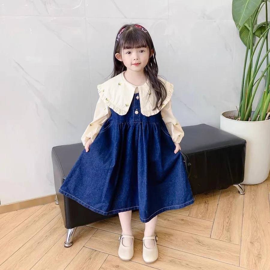 Fashion Autumn Baby Girls Jeans Blue Sleeveless Button Decorated Patchwork Pleated Knee Length Dresses Kids Outwears