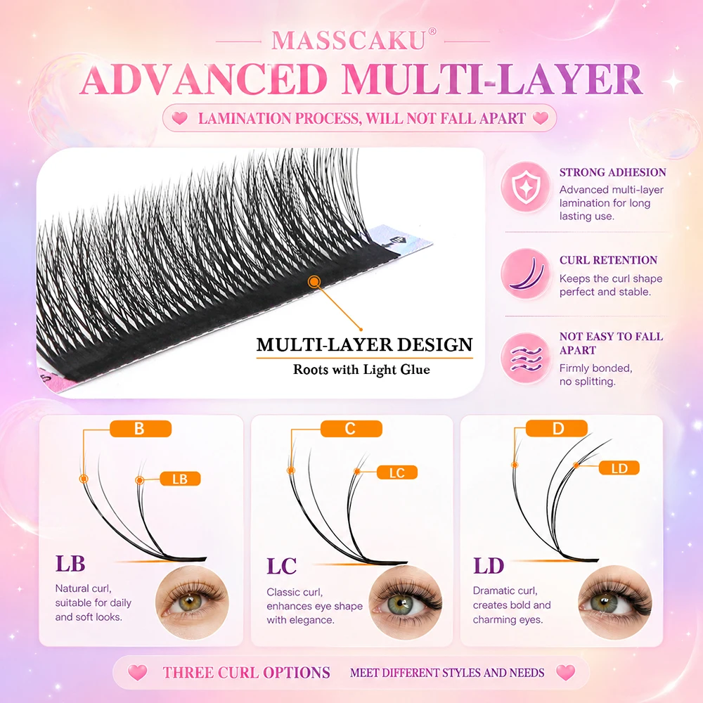 MASSCAKU LB LC LD Curl Layered Camellia Wimpern Vorgefertigte Volumenfächer Wispy Fluffy Wimpernverlängerungen 0,07mm Gemischt 8-15mm – Detail 3