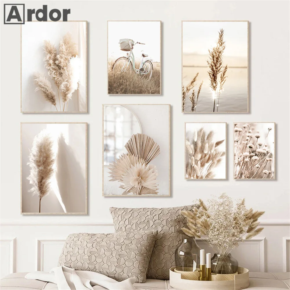 Beige Leaf Reed Posters Beach Canvas Print Dried Flower Art Poster Dandelion Prints Painting Nordic Wall Pictures Bedroom Decor