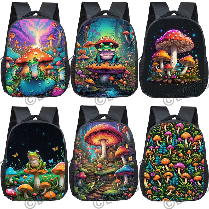 12 Inch Colorful Mushrooms Frog Butterfly Print Backpack Children School Bags Kid Toddler Baby Kindergarten Bag Diaper Book Bags