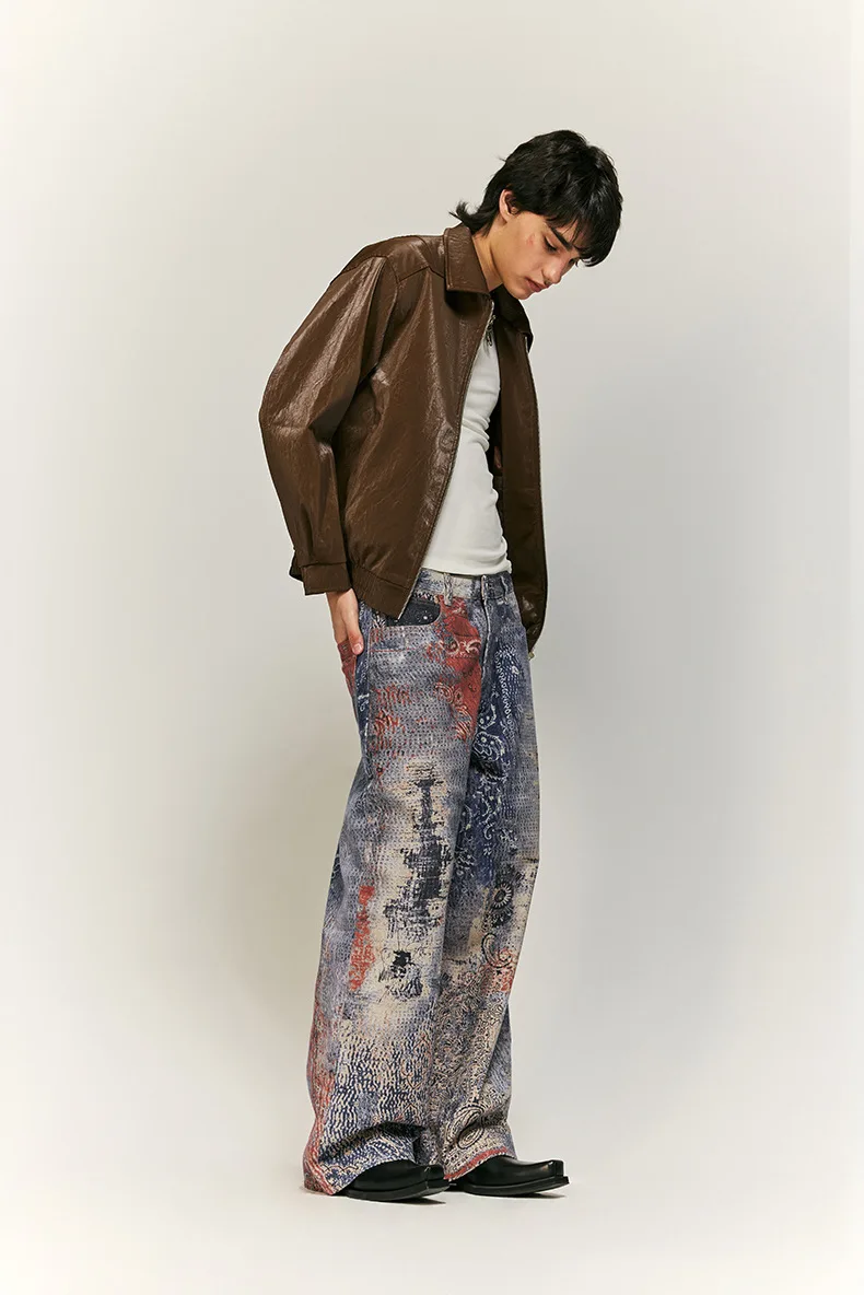 High Street Cashew Flower Digital Printed Denim Cargo Jeans Baggy Vintage Y2k Jeans