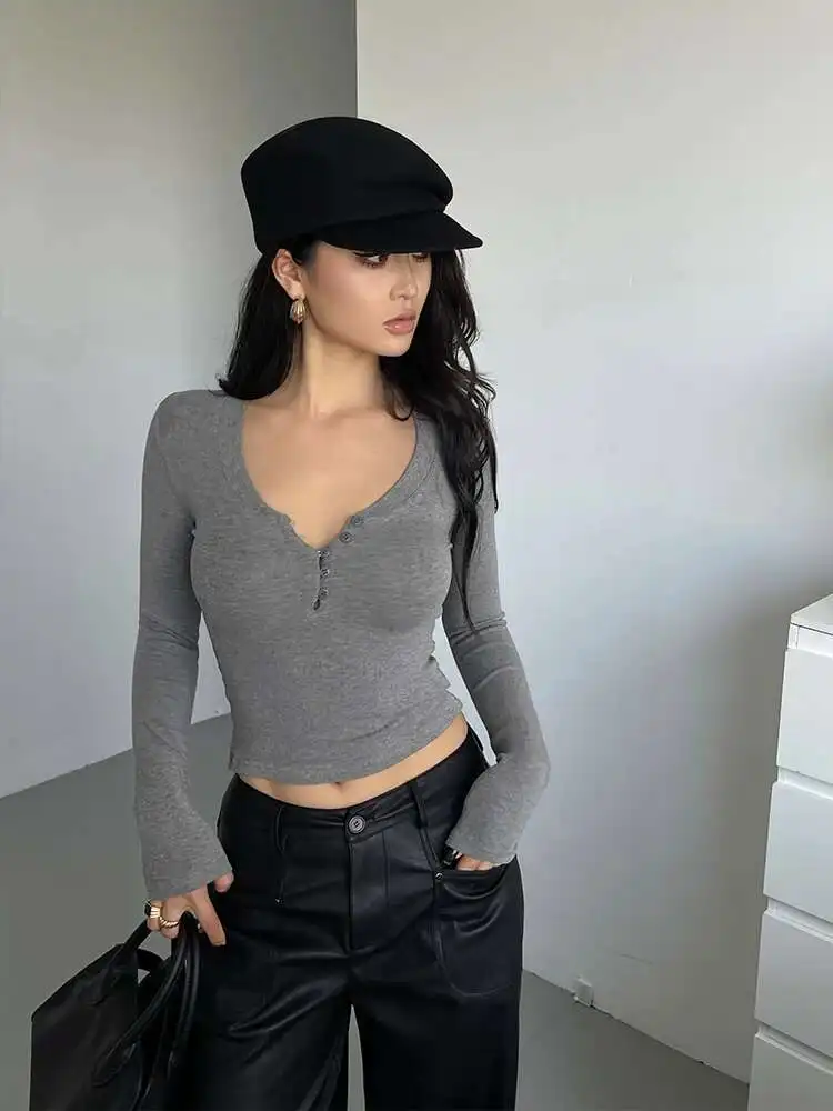 WOMENGAGA فتاة حار الخامس الرقبة طويلة الأكمام تي شيرت قصير للنساء الخريف جديد سليم أسفل تي شيرت موضة مثير المرأة Y2G5