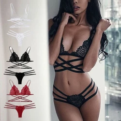 2024 Lace Women Sexy Bra Set Polyester Bandage Push Up Underwear Set Beauty Back Bra Erotic Thongs Costume Intimates Lingerie