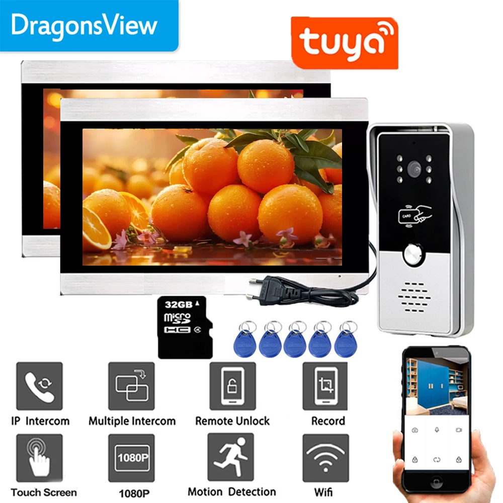 Dragonsview-sem fio múltiplo vídeo porteiro telefone da porta, Wi-Fi campainha, câmera chamada, portão de transferência desbloqueio, Tuya, 1080p, 7