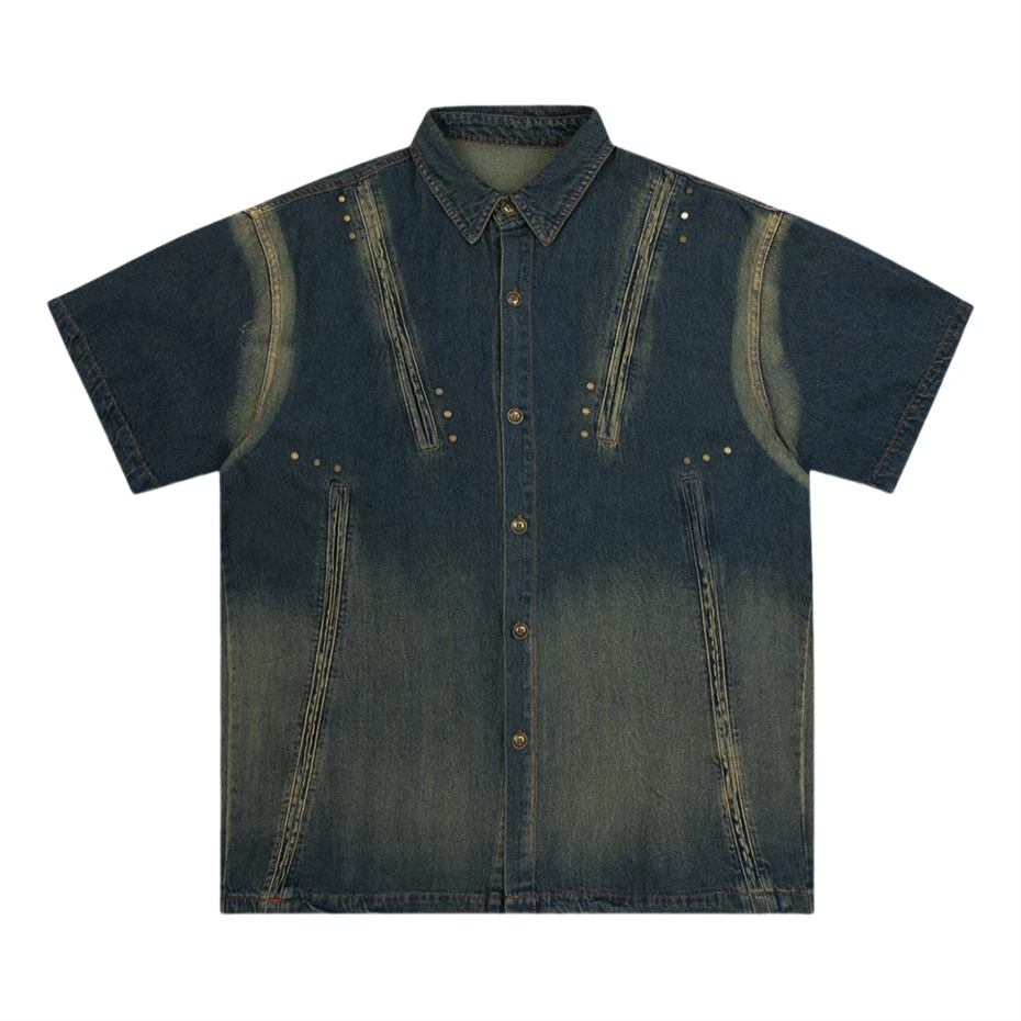 

Mens Denim Shirt Streetwear Vintage Rivet Design Short Sleeve Shirts Men Oversized Harajuku Hip Hop Summer Casual Jeans Shirt