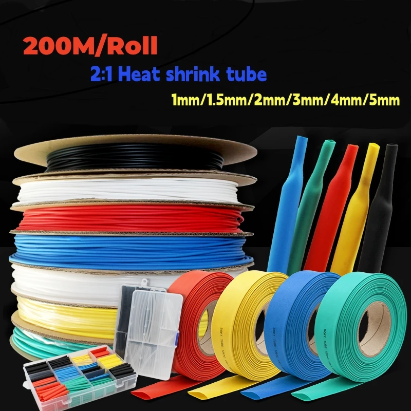 200M/Roll Heat Shrink Tube 2:1 Kit Insulation Sleeving Termoretractil Polyolefin Shrinking Assorted Heat Tubing Wire Cable