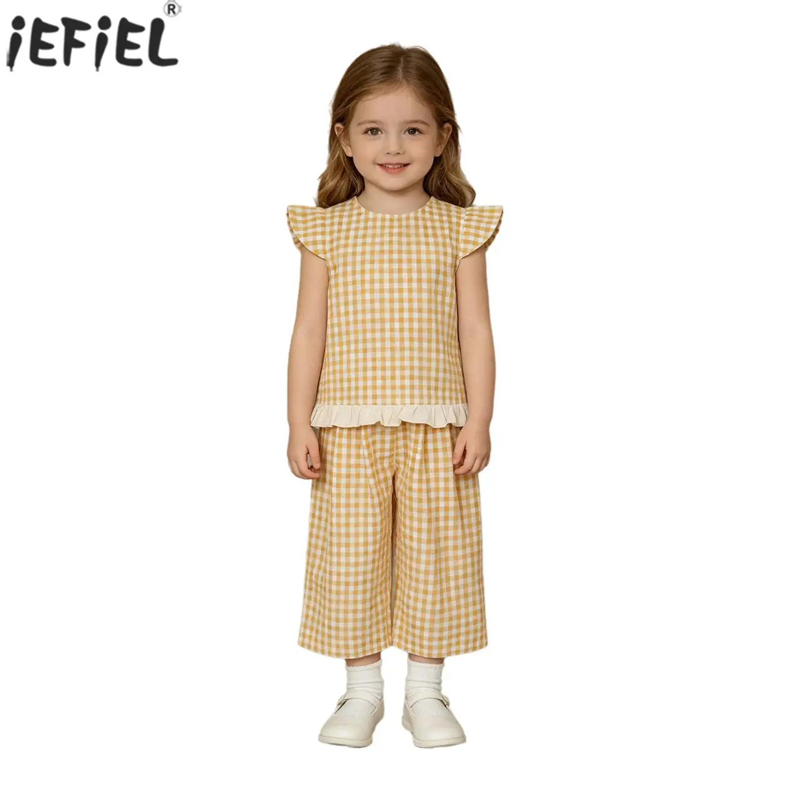 Kids Toddler Girls Gingham Clothes Sets Cap Sleeve Ruffled Hem Plaid Top with Wide-leg Cropped Pants Casual School Summer Outfit
