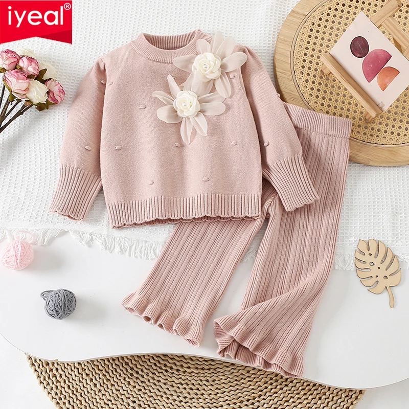 

IYEAL комплект свитера для девочек, осенне-зимний новый модный корейский вязаный топ с цветочным принтом для маленьких девочек + штаны, 2 шт.