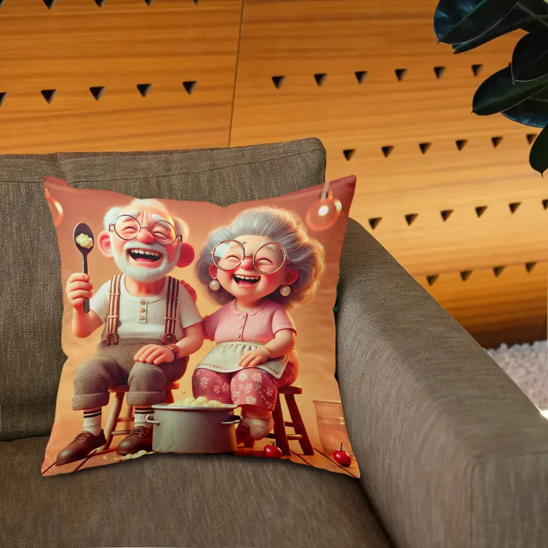 1pc 2D Flat (Pillow Not Included) Happy Elderly Couple Cooking Pot Laughing Cartoon Decor Soft Plush Cushion Case Kitchen Fun