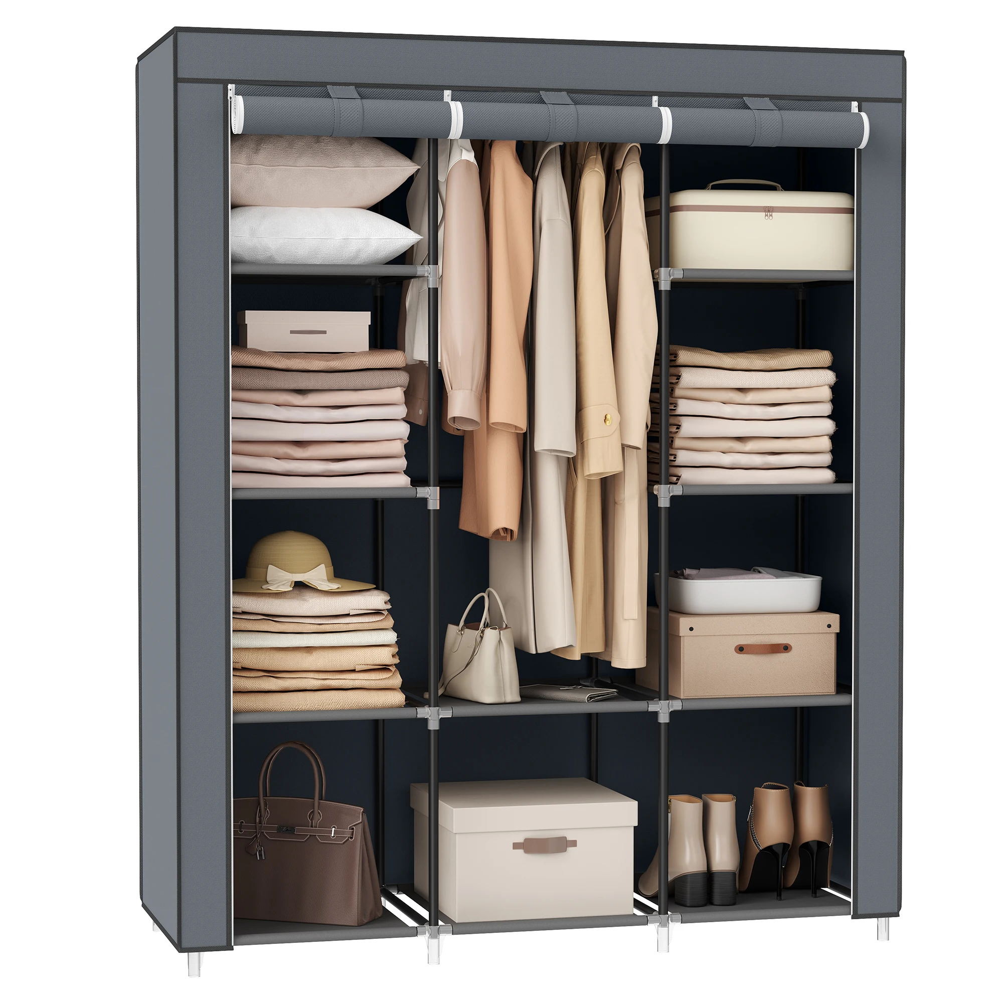 SONGMICS Portable Closet, Clothes Storage Organizer with 10 Shelves, 1 Clothes Hanging Rail, Non-Woven Fabric Closet