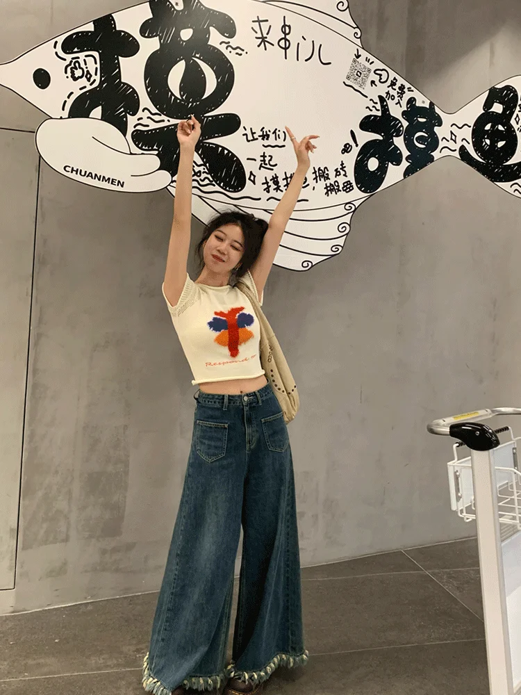 

Свободные джинсы с широкими штанинами Rouhop Tonight Rong Not Going Home, с эффектом потертости, удобные, свободного кроя, с высокой талией, из денима