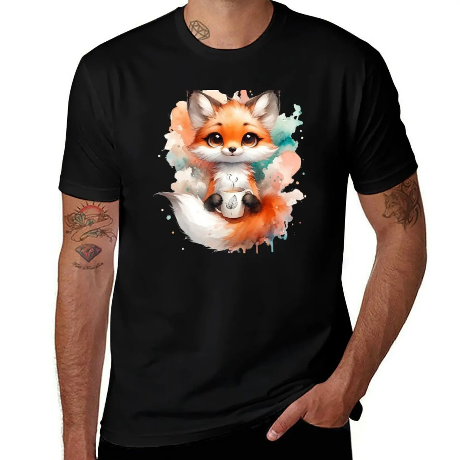Fox with Cup of Hot Chocolate T-Shirt Big and Tall Gym T-Shirt