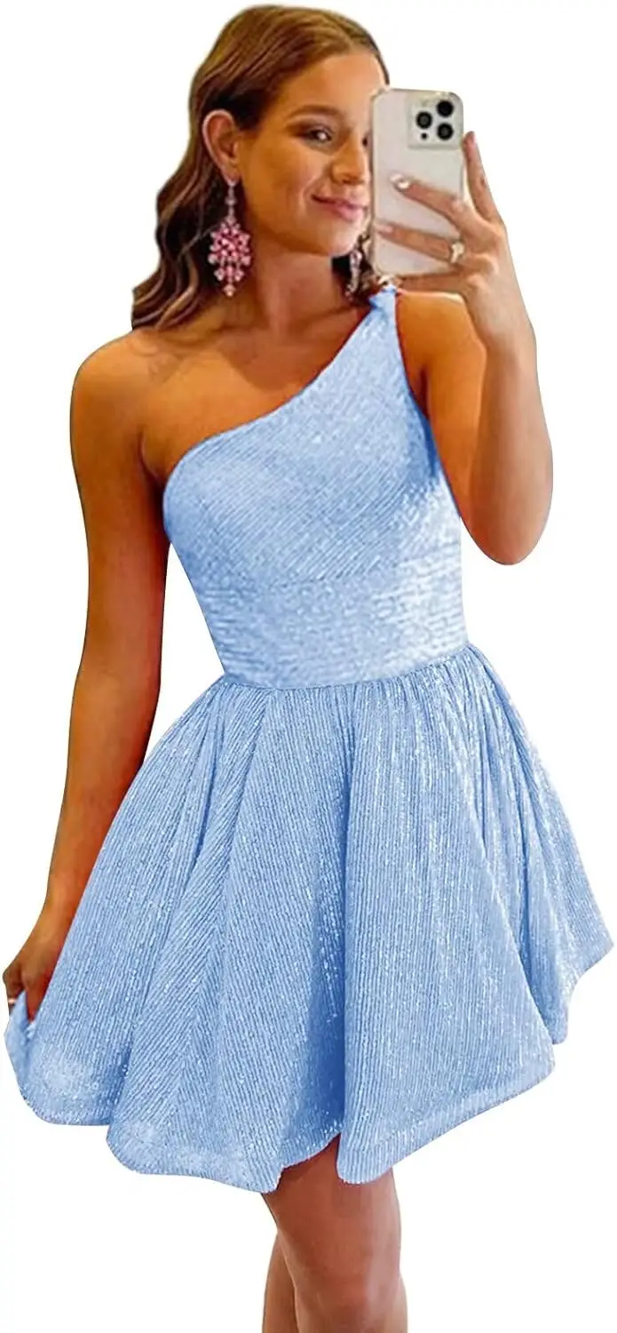 

Mini Dress Graduation Dress One Shoulder Short Sequin Homecoming Dresses for Teens Sparkly Prom Cocktail Dress with Pockets