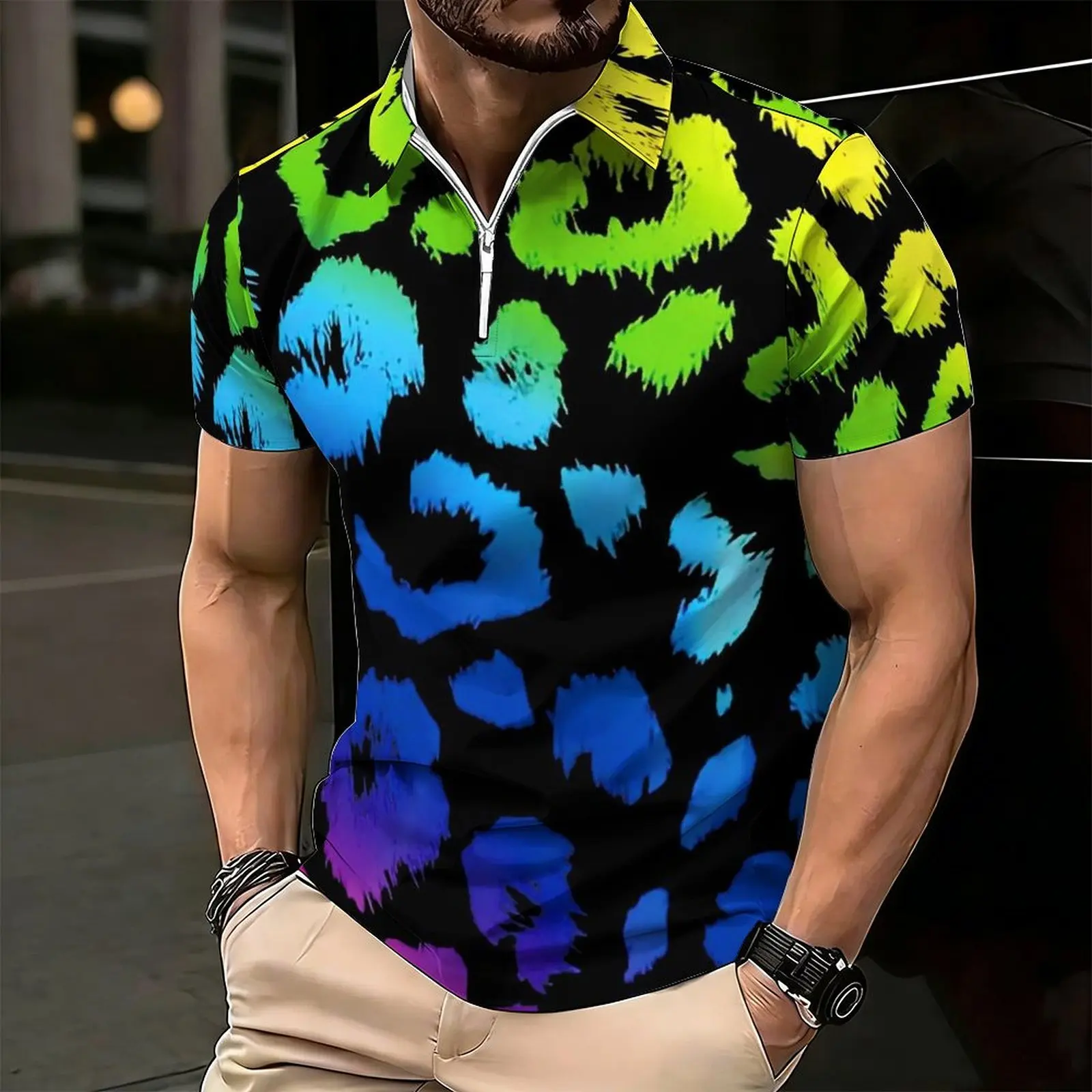 Men Print Half Zip Polo Shirt Short Sleeve Lapel Collar Casual Summer Mens Daily Tops