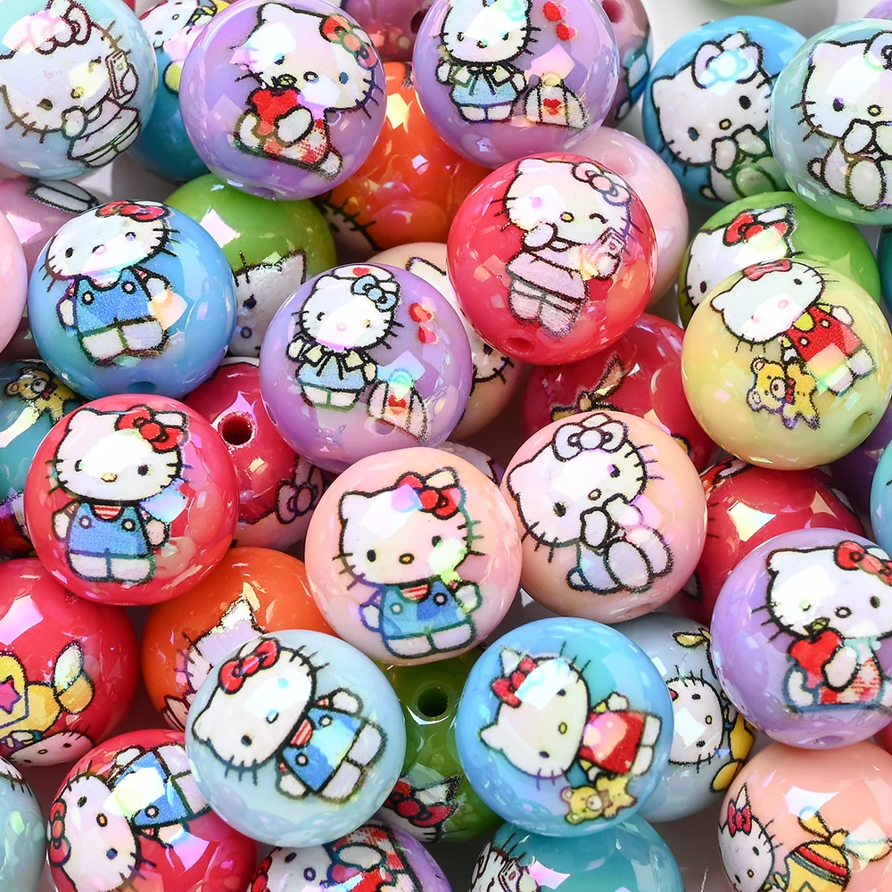

10Pcs Random Mixed Acrylic Beads 16mm Sanrio Printed Round Bead For DIY Baby Pacifier Chain Jewelry Handmade Accessories Making