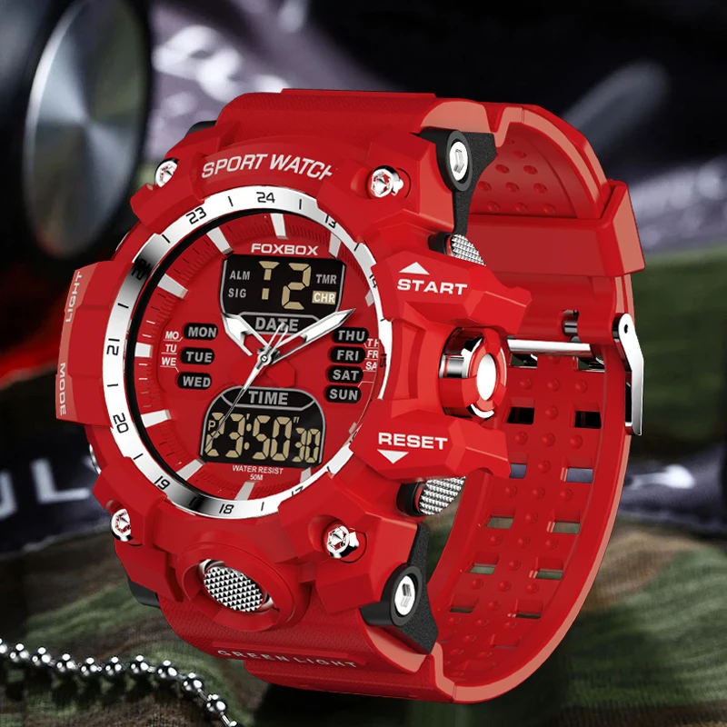 

Dual Display Watch Men FOXBOX Top Brand Luxury Sport Digital Military Mens Watches Silicone Strap Chronograph Man Wristwatch+box