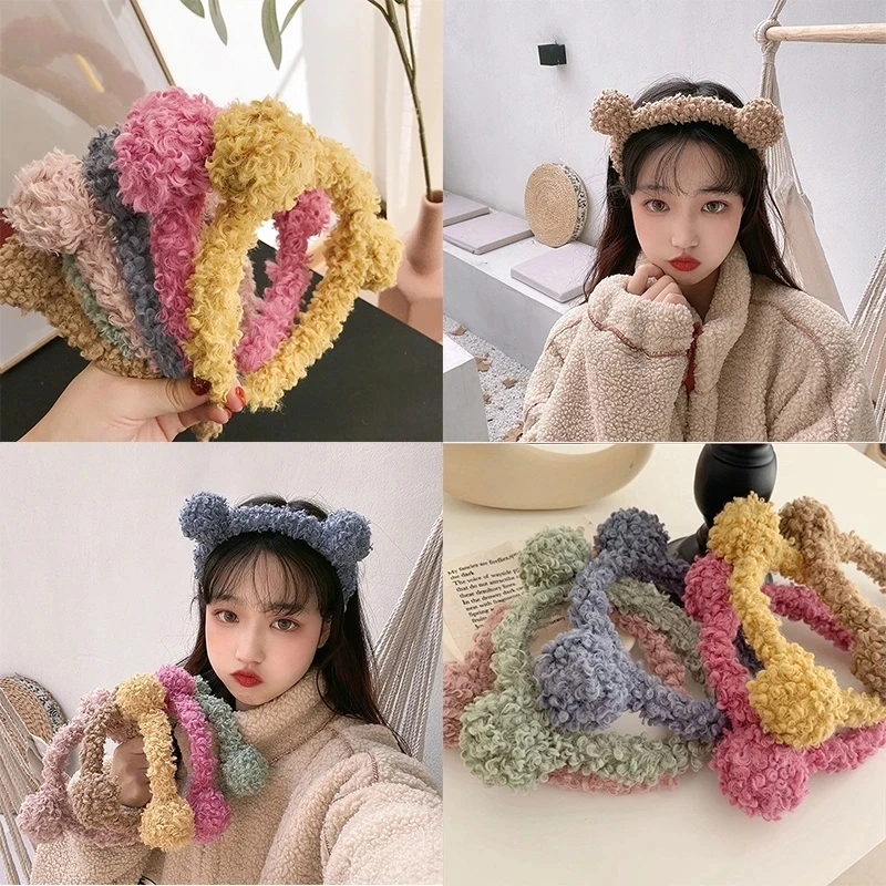 Wool Lamb Hair Band for Women Bear Ears Headband Korean Cute Ins Wide-Brim Candy-Colored Headband Female Hair Accessories