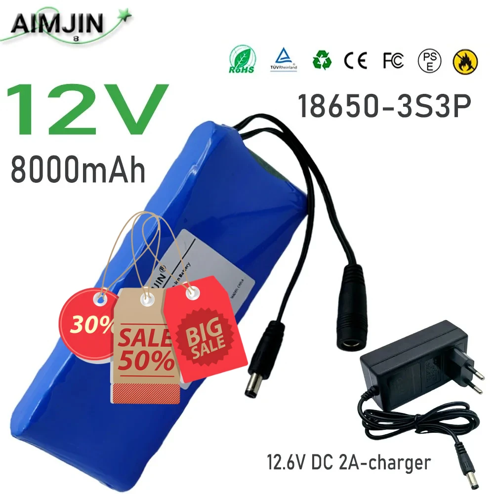 Rechargeable 18650 Lithium Ion Battery Pack 3S3P 12V 8000mAh BMS Protected Power Battery with 12.6V DC 2A Fast Charger
