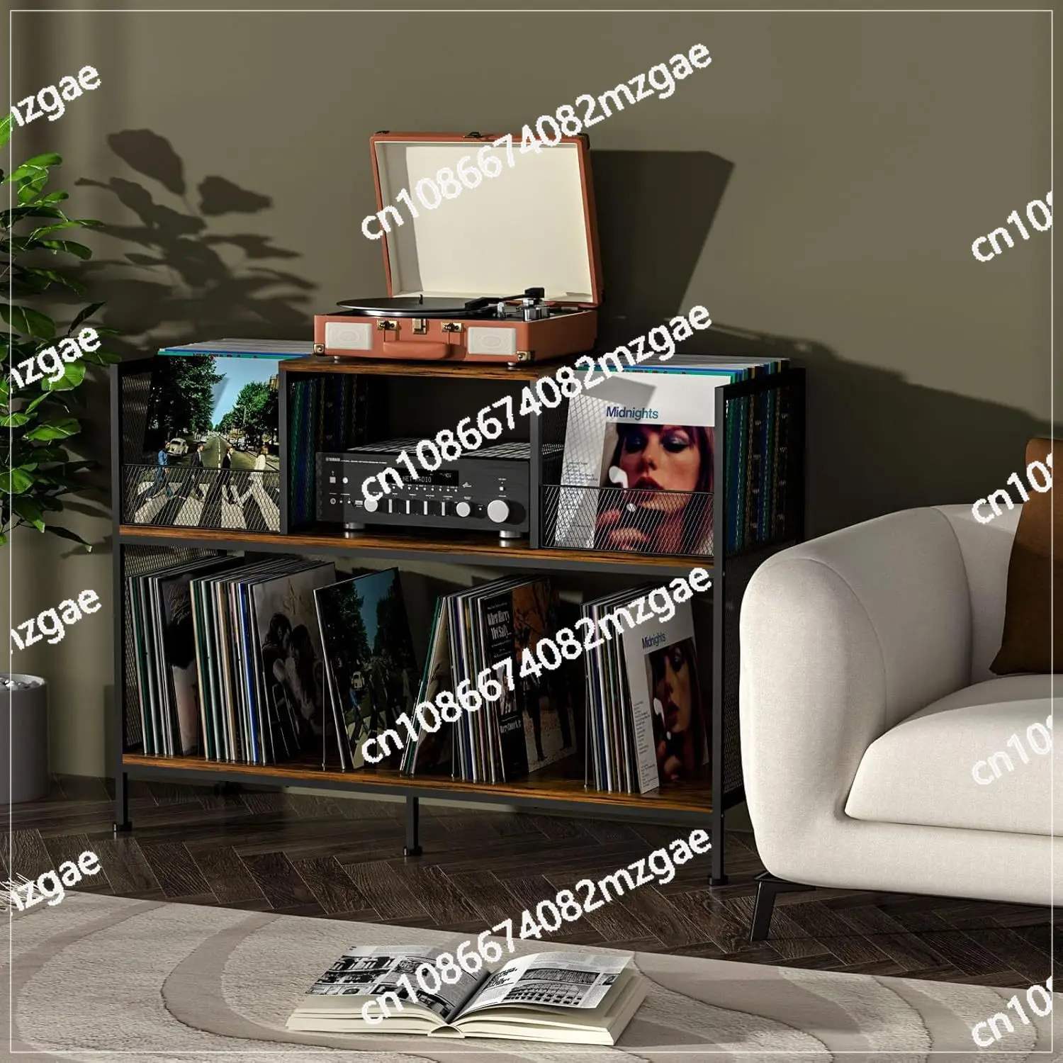 Bilateral record player table, retro vinyl record storage rack, brown three-layer record player storage rack