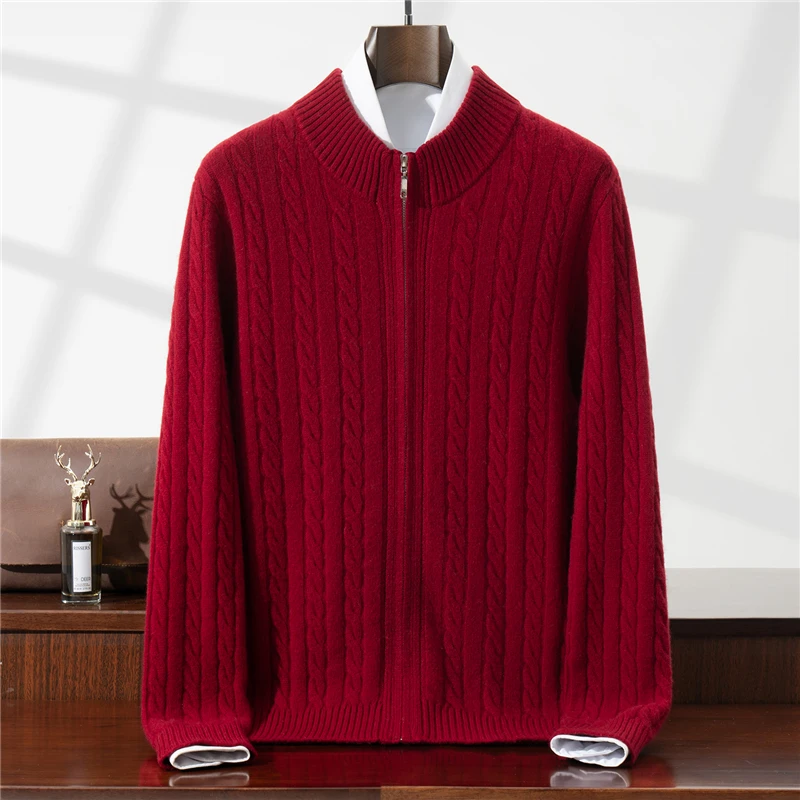 New Release: Men's Half High Collar Zipper Sweater Thickened 100% Pure Wool Knitted Sweater Autumn Winter Warm Clothing Cardigan