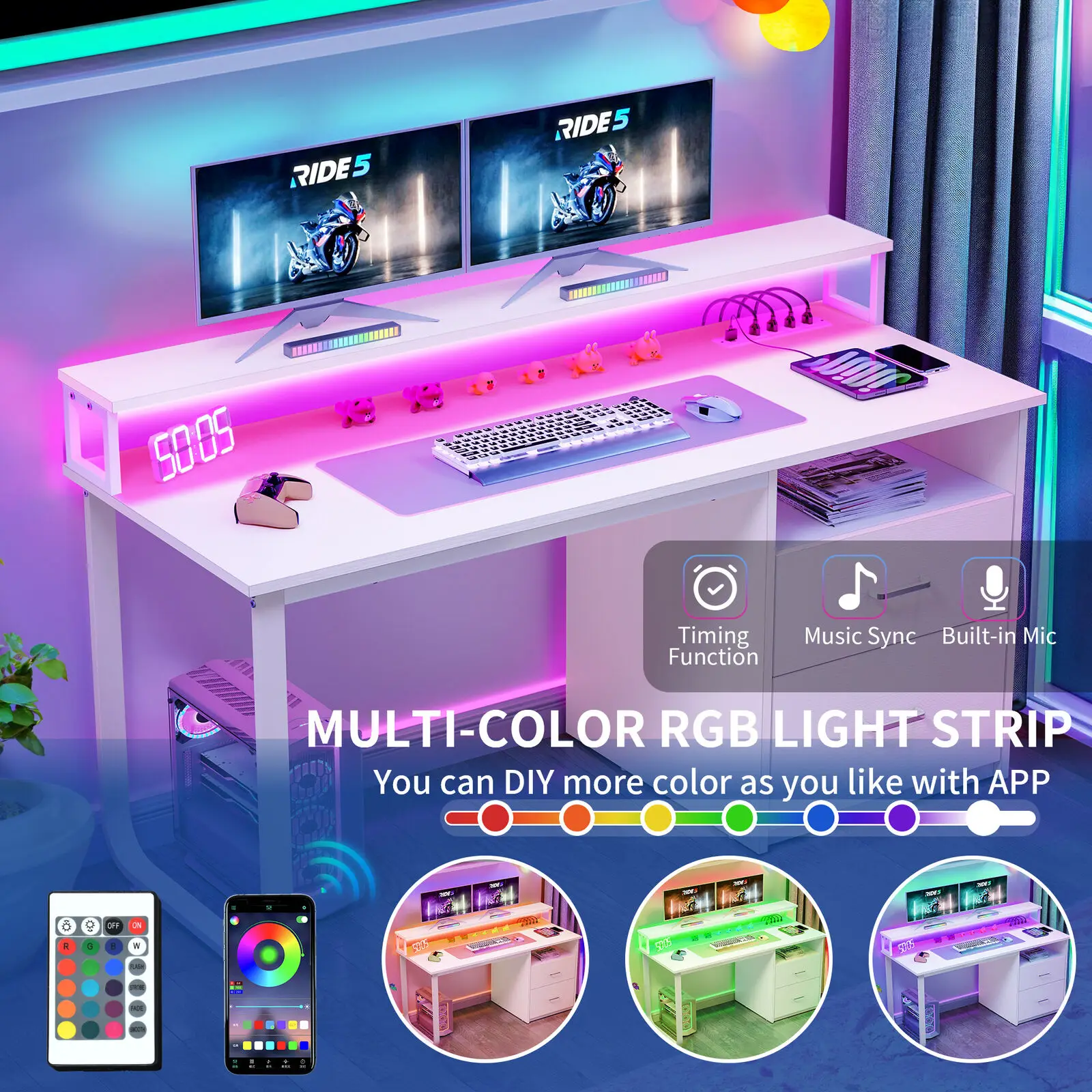 55" Computer Desk with Power Outlets & LED Lights Home Office Desk Writing Table