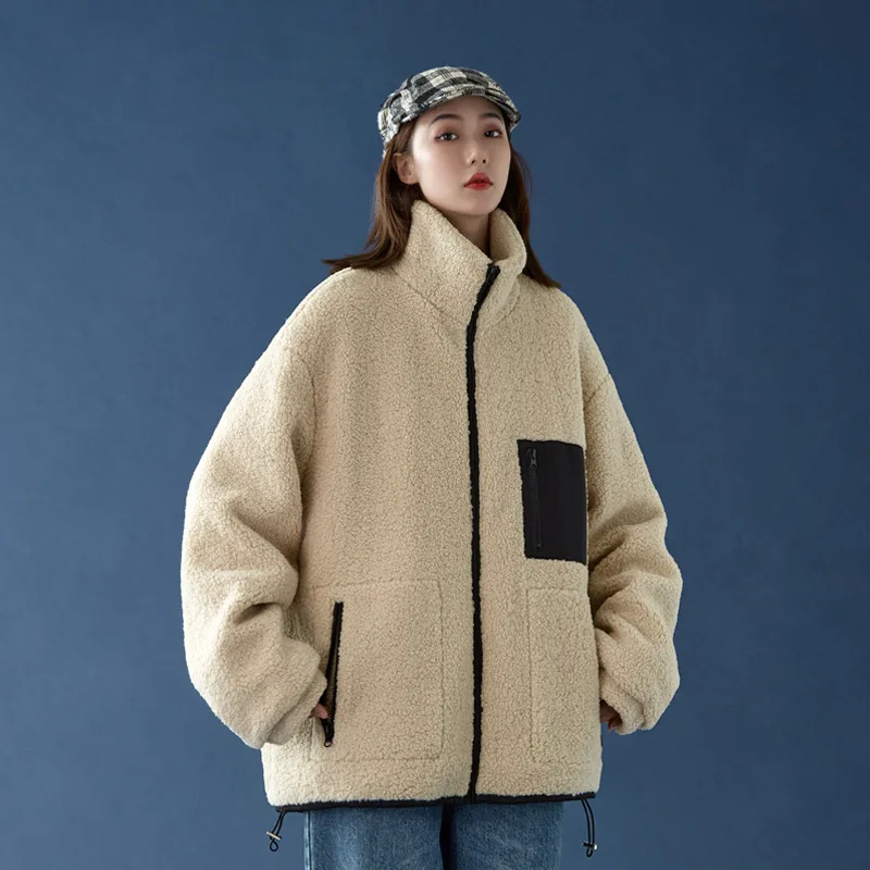 

Autumn And Winter New Unisex Hong Kong Style Lamb Wool Jacket Loose Version Stand Collar Cotton Jacket Casual Jacket Coat Tide