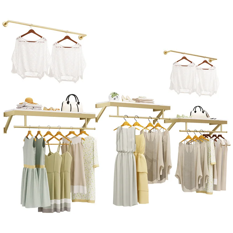 custom，Space-saving Square Gold Metal Retail Clothing Display Rack Shop Fitting Clothes Display Racks Wall Mounted Garment Rack