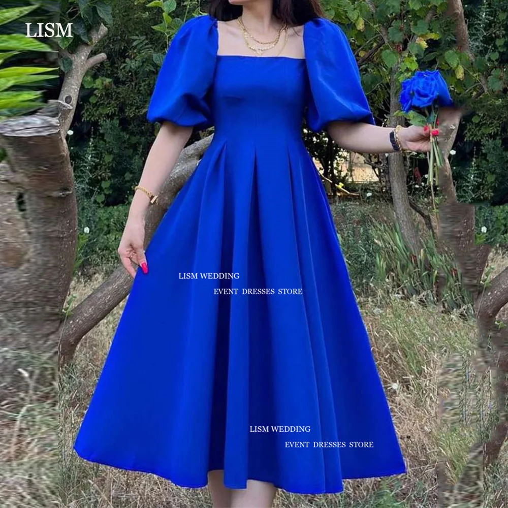 

LISM Simple Navy Blue Satin Evening Dresses Princess Square Collar Puff Sleeves Prom Dress Tea Length Pleat Formal Occasion Gown