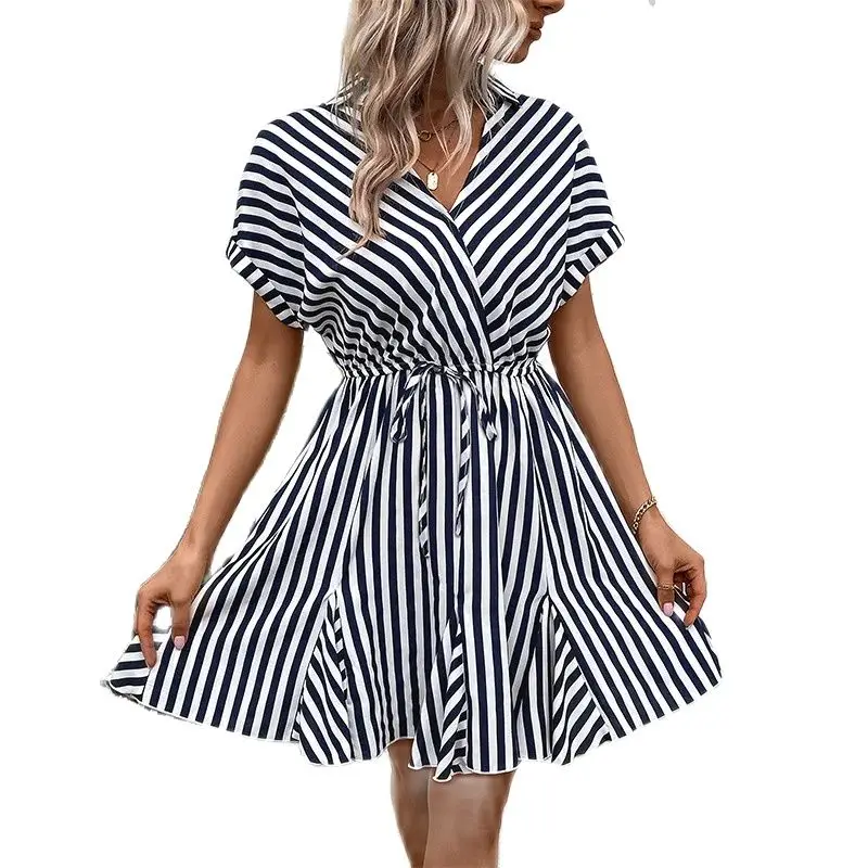 

Sexy Striped Elegant Spring Dress Women Vintage Short Dresses Casual Female Vestidos V-Neck Ties Dress Short Sleeve Vestidos