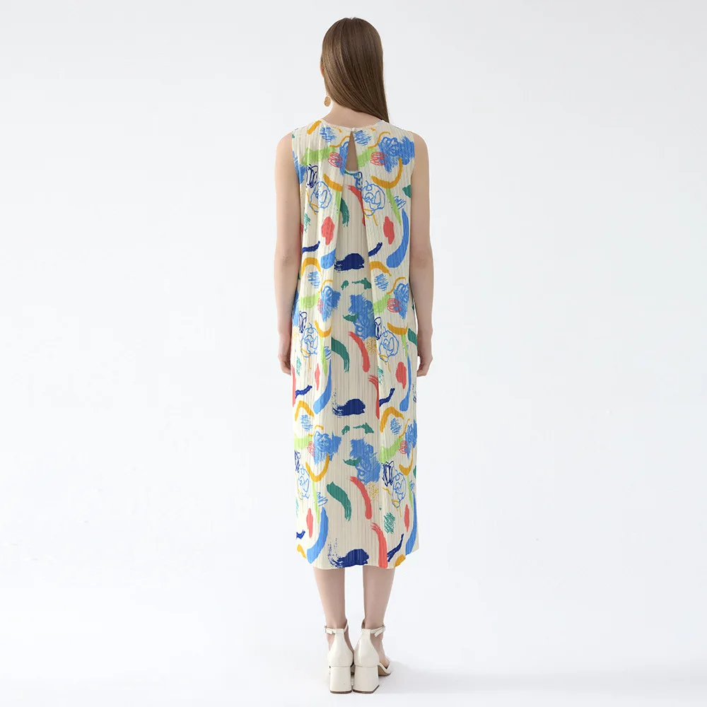 Miyake Plissee Kleid 2025, Frühling Sommer Neue Handgemalte Ölgemälde Druck Kleid Frauen Französisch Retro Taille Dünne Lange Kleider