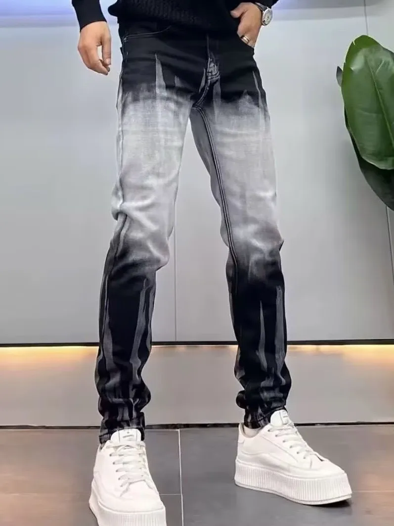 

Trendy American High Street Tie Dye Elastic Denim Jeans Men Versatile Handsome Trendy Casual Slim Fit Ankle Length Pants