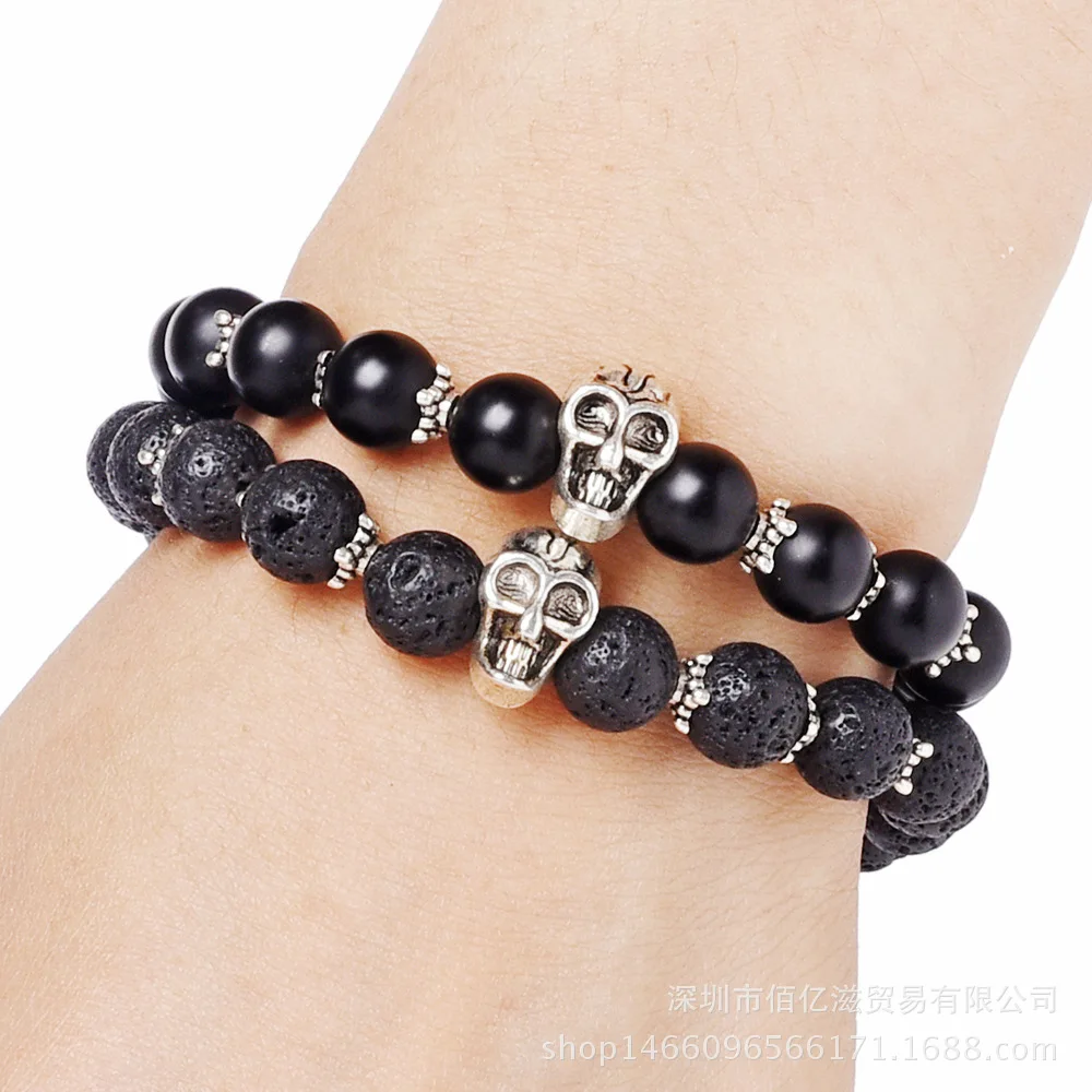 Skull Beaded Bracelet 2026 Trendy Gothic Jewelry For Men Women Daily Wear Natural Lava Rock Matte Black Onyx Beads Punk Wristban