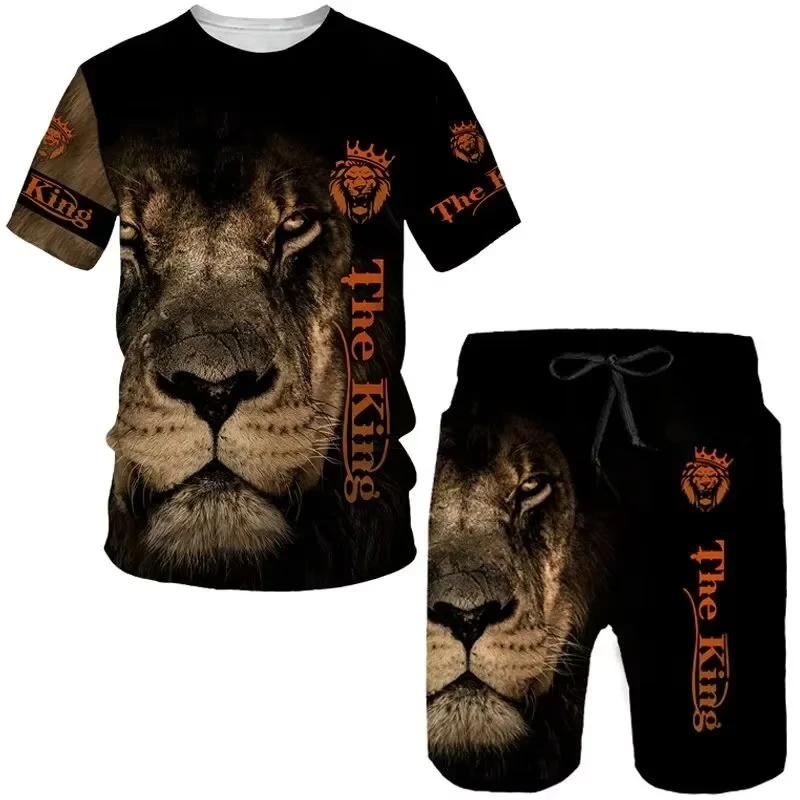 2025 Latest Men's Daily Leisure Sports Set Fashion Printed 3D Lion Pattern T-shirt Shorts Set Summer Leisure Breathable