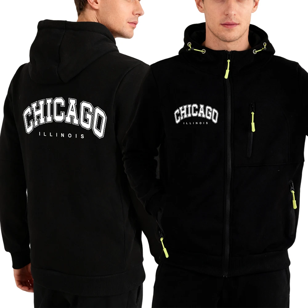 

Chicago Letter Logo Prints Hoody Men Y2K Soft Hooded Sportswear Fashion Street Zipper Autumn Fleece Clothing Casual Coat