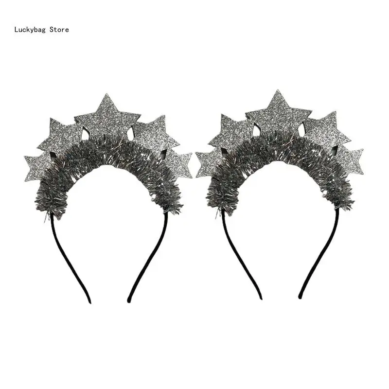 2 Pcs New Year Headband Tinsel Star Hair Hoop Elastic Christmas Photo Props Novelty New Year Party Decor Supplies