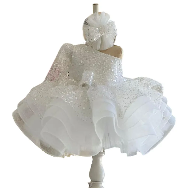 2025 White One-Shoulder Long Sleeve Princess Dress Sparkling Sequin Tutu for Birthday Party and Runway Modeling Baby Girl Dress