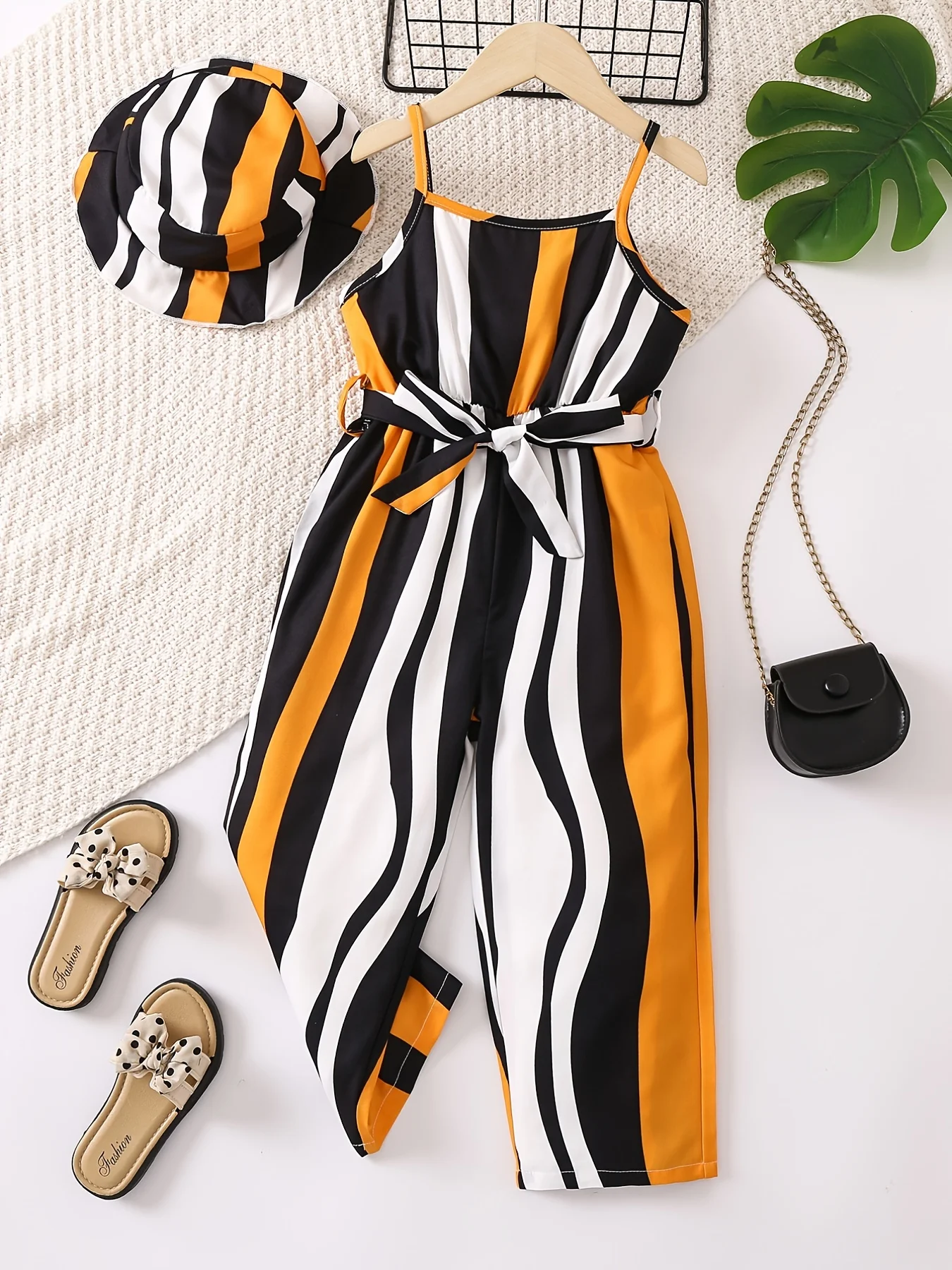 Summer new casual style European and American style sweet cool style comfortable girls striped waist belt jumpsuit with hat set