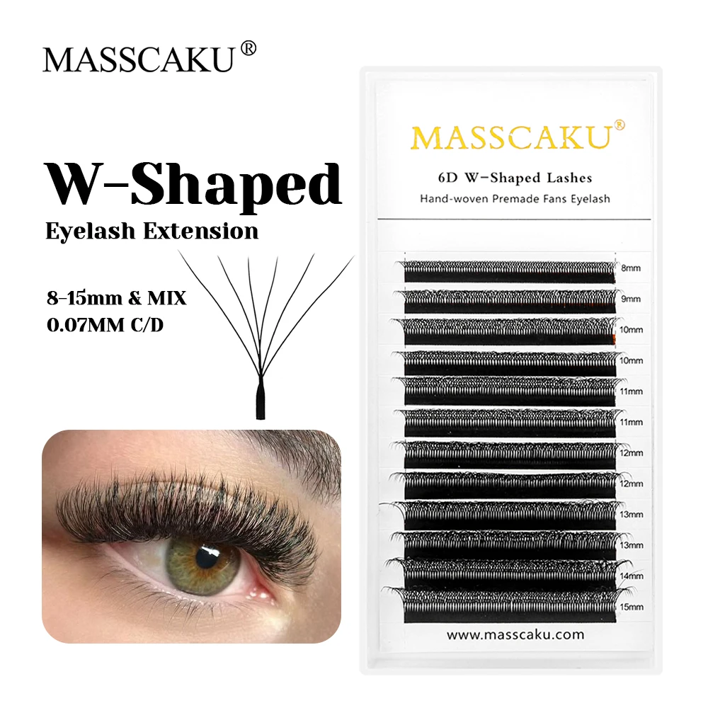 Maßgeschneiderte Private Label MASSCAKU W-förmige vorgefertigte Volumenfächer-Wimpern, 0,07 mm dick, wasserfeste W-Design-Wimpern für Make-up