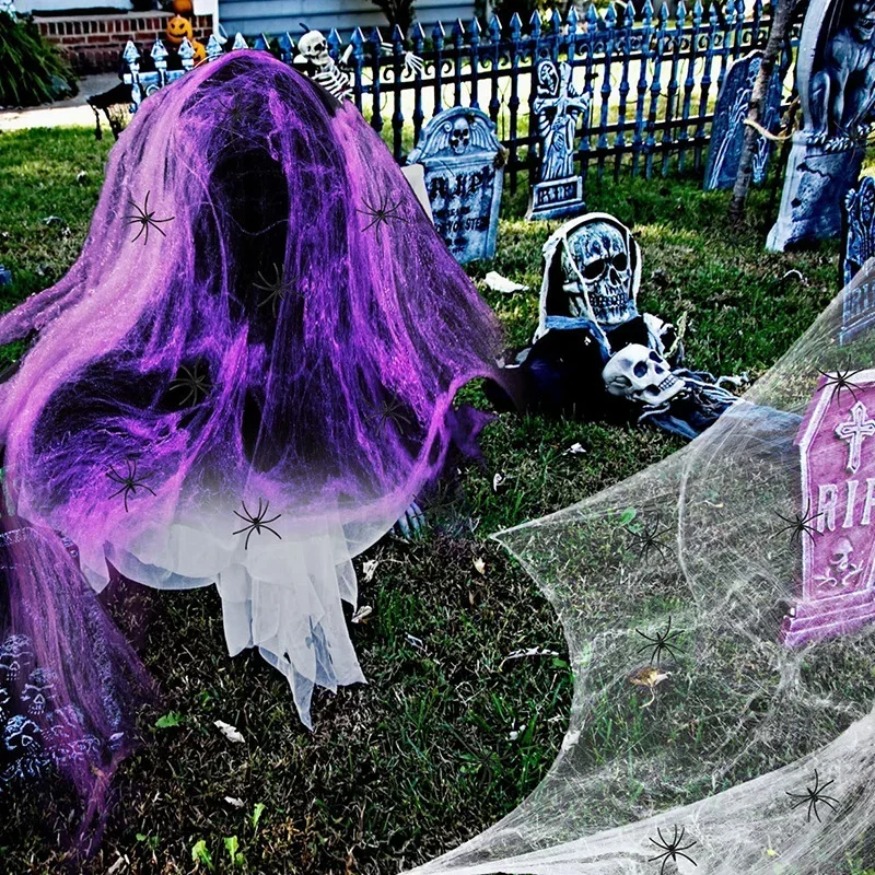 Künstliches Spinnennetz Halloween-Deko Buntes Baumwoll-Stretch-Spinnennetz mit Fake-Spinnen Gruselige Party-Dekoration Horrorhaus-Requisiten – Detail 9