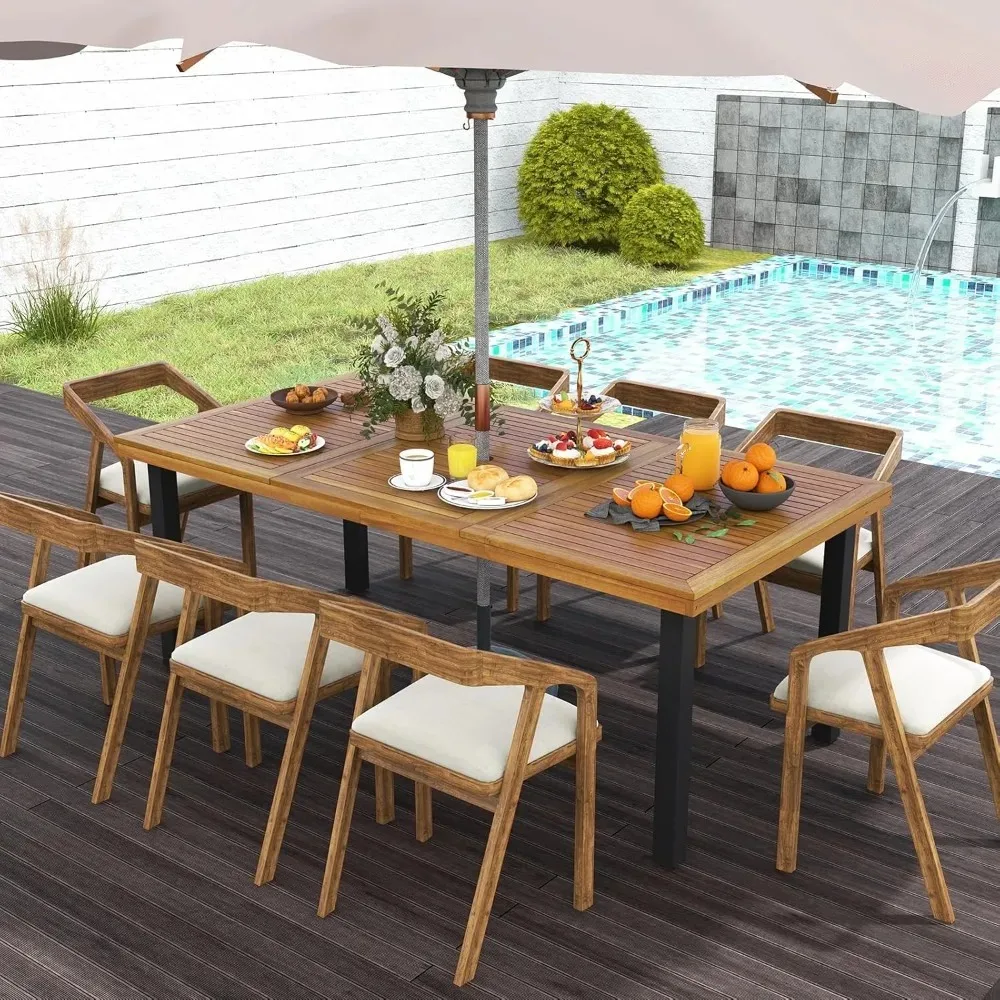 79" Acacia Wood Patio Dining Table for 8, Large 8-Person Outdoor Dining Table with 1.9" Umbrella Hole, Metal Legs