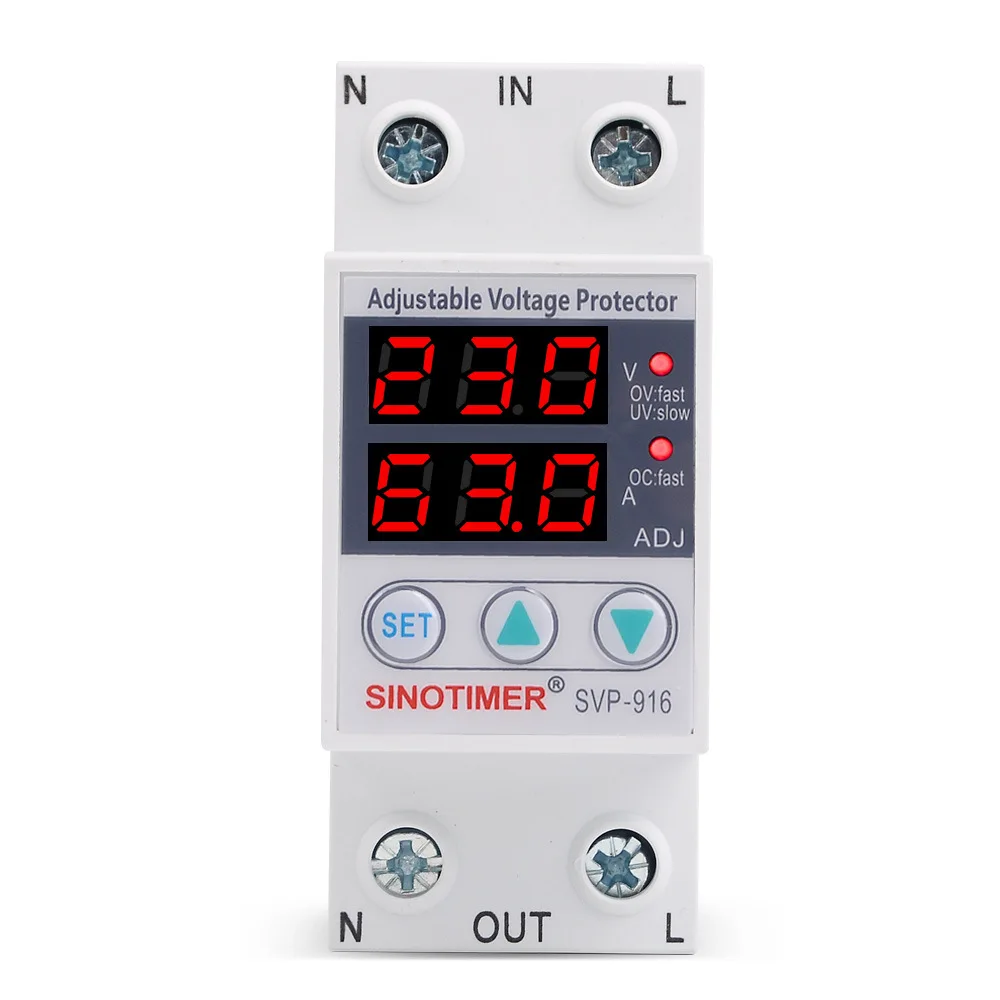 

SVP-916 Automatic Adjustable Voltage Relay Over Under Voltage Protection 40A 63A 80A ​Limit Current Dual Display Surge Protector